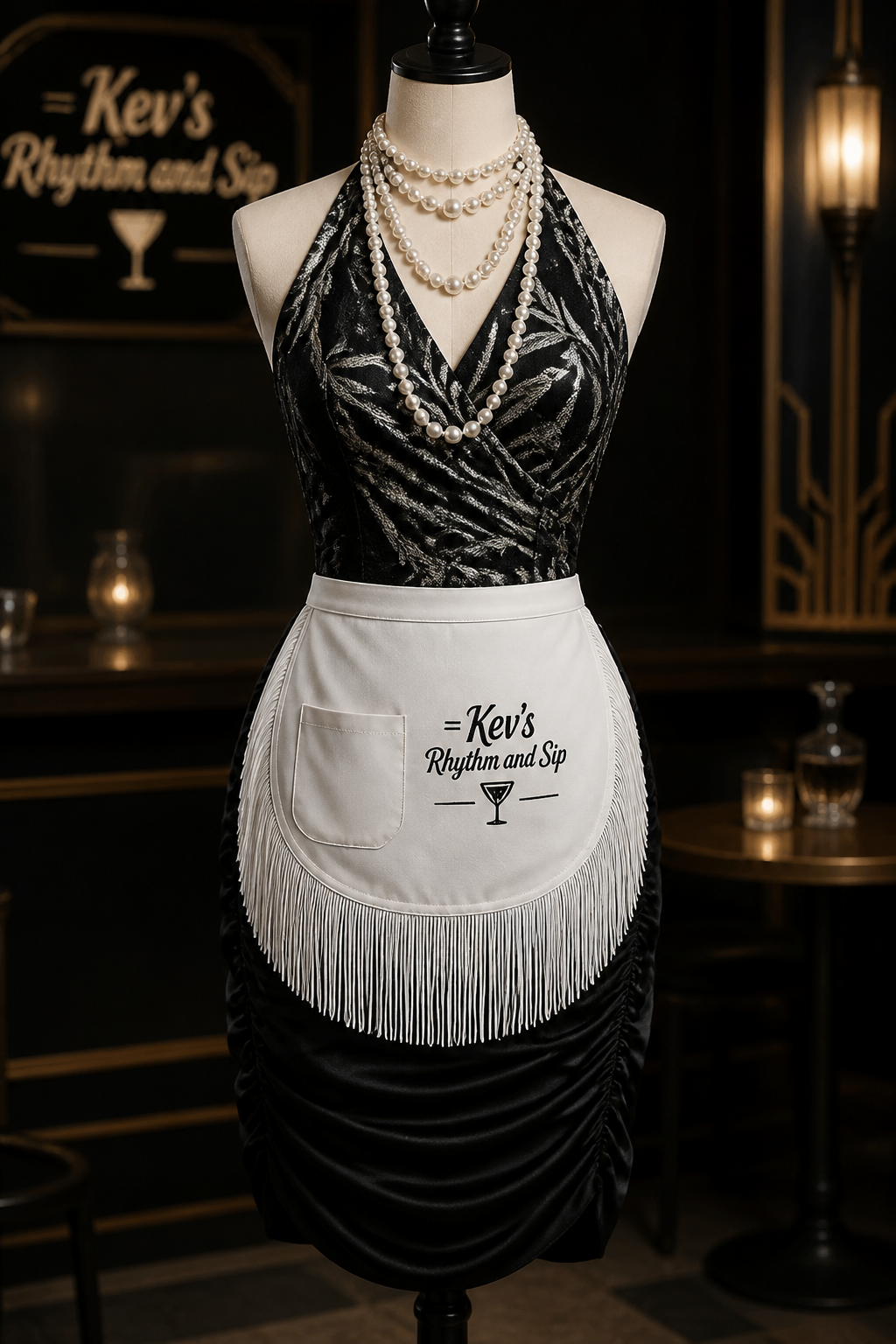 black and silver 1920 bamboo fabric halter evening waitress scrunch knee-length uniform dress with textured top only and no fringe and a fringe white apron with logo that says = Kev's Rhythm and Sip with a pocket and then add layers of pearl necklaces
black and silver 1920 bamboo fabric halter evening waitress scrunch knee-length uniform dress with textured top only and no fringe and a fringe white apron with logo that says = Kev's Rhythm and Sip with a pocket and then add layers of pearl necklaces