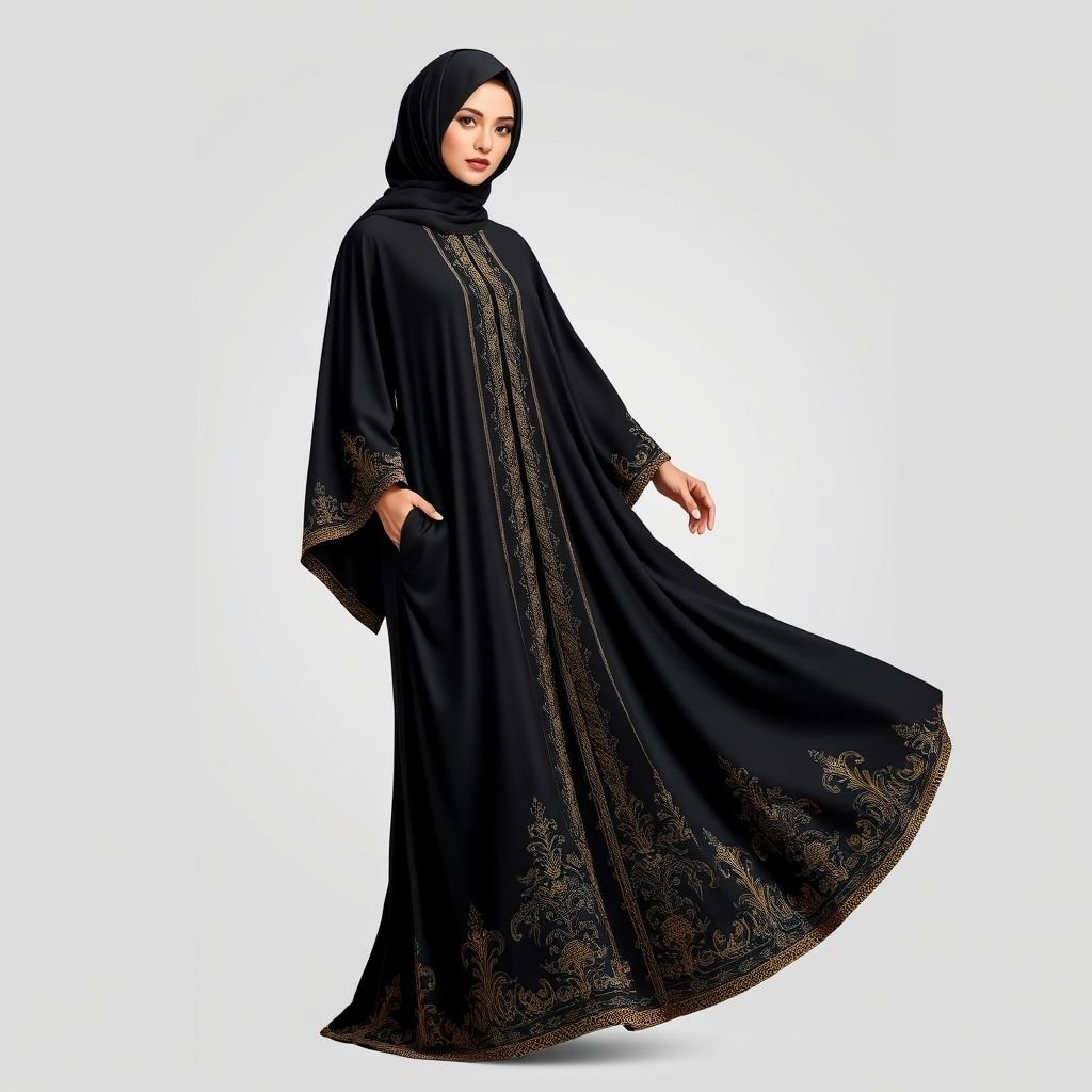 Black saudi Women's Abaya Design
Elegant black abaya, flowy silhouette, luxurious silk fabric. Intricate gold embroidery along the sleeves and hem, subtle yet striking. High neckline adorned with delicate lace accents, hidden side pockets for practicality. Elegant cape-like sleeves, embellished with sparkling crystal details. Perfect fusion of tradition and modern sophistication, exuding poise and grace.