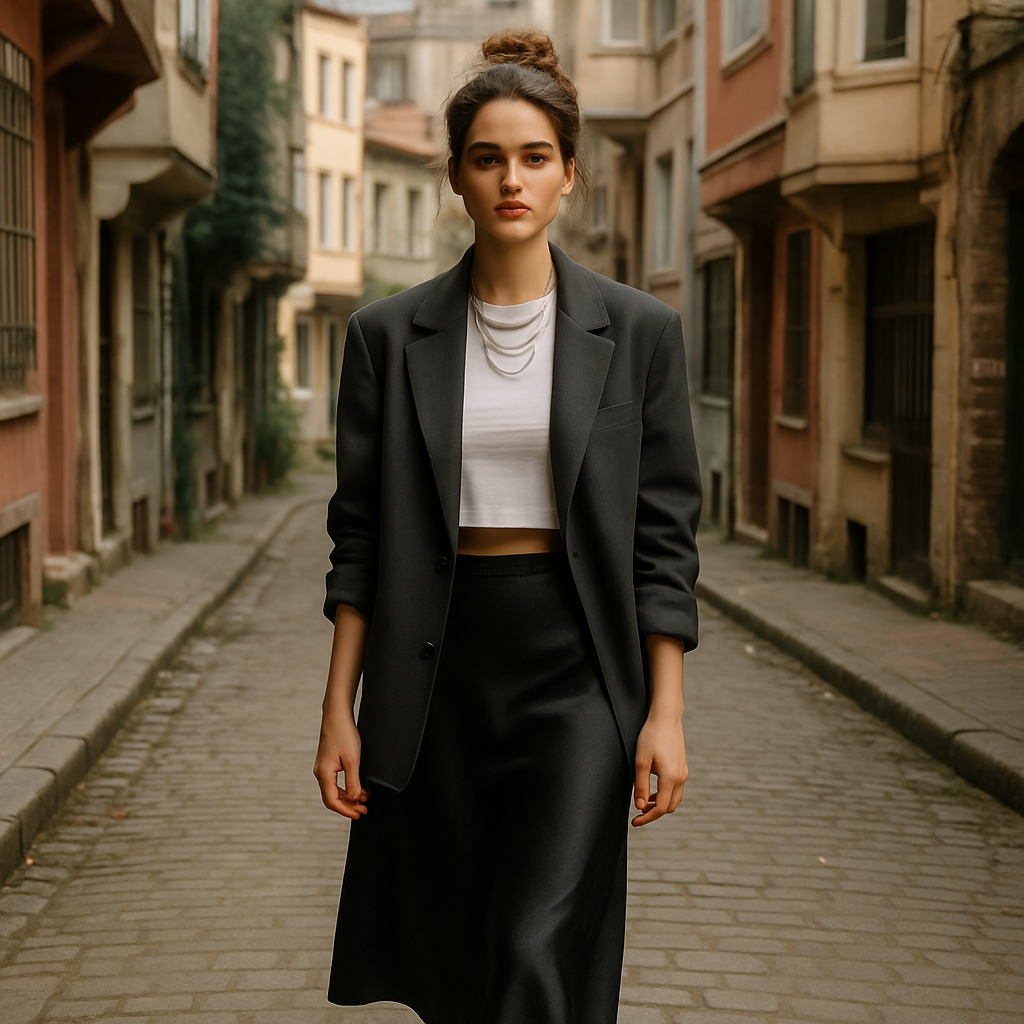 Ultra realistic full-body fashion photo of a natural female model in Istanbul retro district, daylight with soft cinematic lighting. She wears a silky satin midi skirt in black (plain cut, no slit, no pockets, no extra seams), paired with a slim fit white crop T-shirt (crew neck, cotton jersey, high quality) and an oversized tailored blazer. Around her neck she has multiple silver necklaces layered for a statement look. On her feet black ballet flats. Hair styled in a messy bun with wavy strands falling naturally, casual yet chic. She looks cool but casual, elegant and authentic. The photo should capture head-to-toe, do not crop, with realistic fabric textures (satin fluid and soft, cotton crisp, blazer structured). Retro city street background in Istanbul, bright natural daylight, professional fashion photography.
never use pockets 
Casual fashion design: Ultra realistic full-body fashion photo of a natural female model in Istanbul retro district, daylight with soft cinematic lighting. She wears a silky black midi skirt, paired with a slim white cotton crop T-shirt and an oversized tailored blazer. Multiple silver necklaces layered. Black ballet flats. Hair in a messy bun.