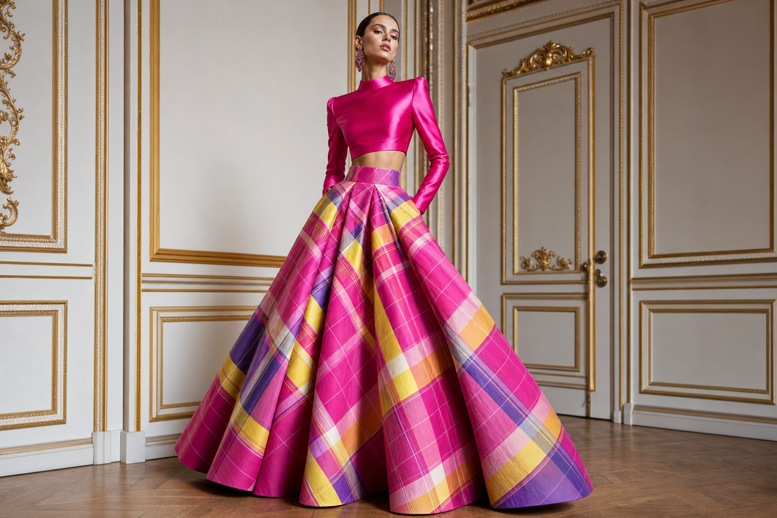 plain Hot pink long sleeve crop top with long skirt in hot pink and white and yellow and purple plaid.
Haute Couture fashion design: Hot pink silk long-sleeve crop top with a dramatic full skirt in hot pink, white, yellow, and purple plaid. The skirt features a structured, voluminous silhouette with a tailored waist.