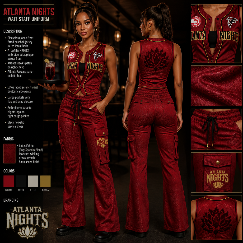 womens wait staff uniform with red sleeveless open baseball fitted jersey with company name ATLANTA NIGHTS with atlanta hawks and atlanta Falcons patches with scrunch waist bootcut cargo pants all made of lotus fabric
Women's wait staff uniform. Red lotus fabric sleeveless, open, fitted baseball jersey with company name ATLANTA NIGHTS, Atlanta Hawks and Atlanta Falcons patches. Lotus fabric scrunch waist, bootcut cargo pants.