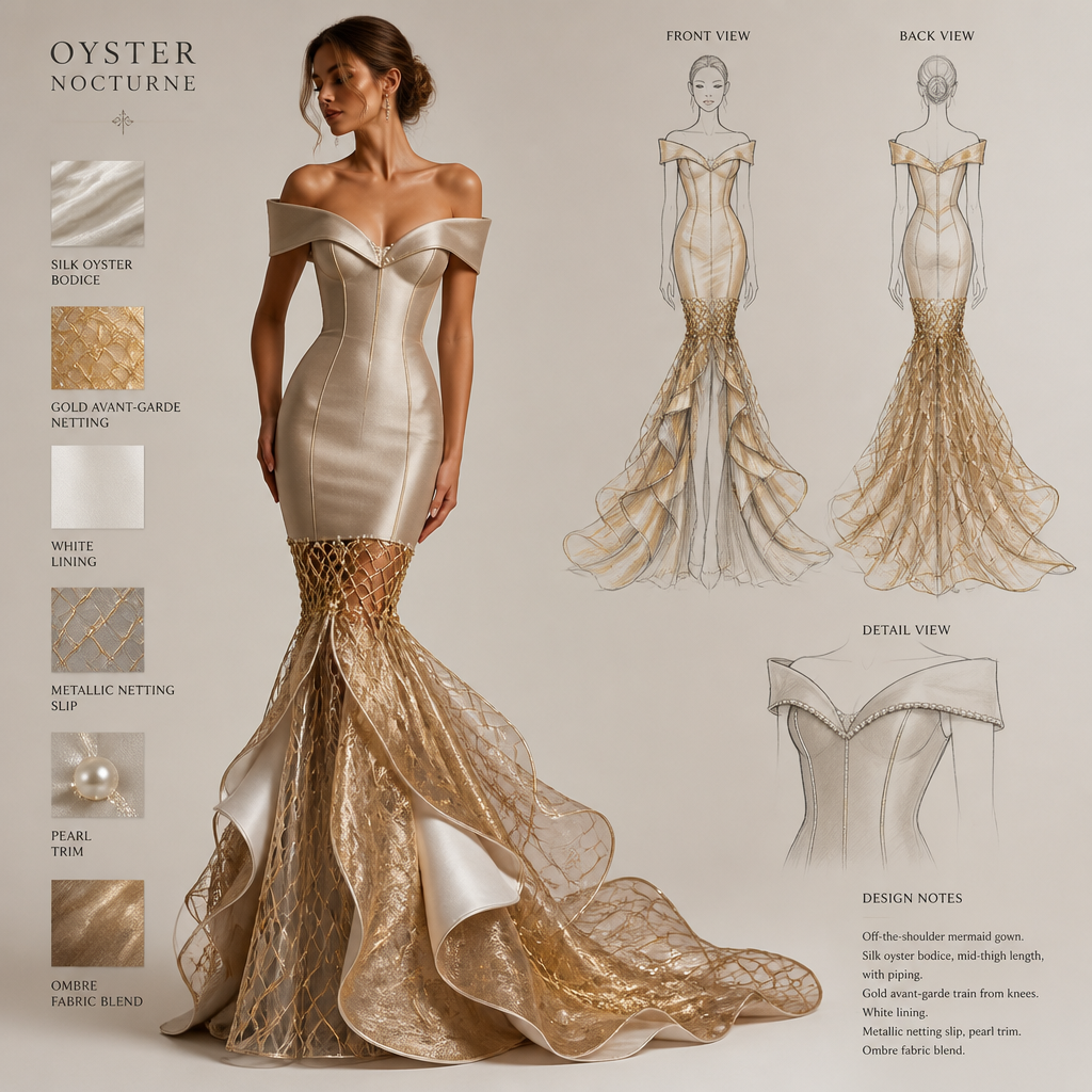 Off-the-shoulder, timeless mermaid gown with a piped chocolate-brown oyster bodice extending to mid-thigh and a gold avant-garde train starting at the knees, with a pure white inner lining like the nacre inside a clam. The slip under the dress should be of metallic netting with lines of pearls gracing the bottom of the netting. the transition from the bodice to the train should have an ombre effect to blend the fabric transition
Off-the-shoulder mermaid gown. Silk oyster bodice, mid-thigh length, with piping. Gold avant-garde train from knees. White lining. Metallic netting slip, pearl trim. Ombre fabric blend.