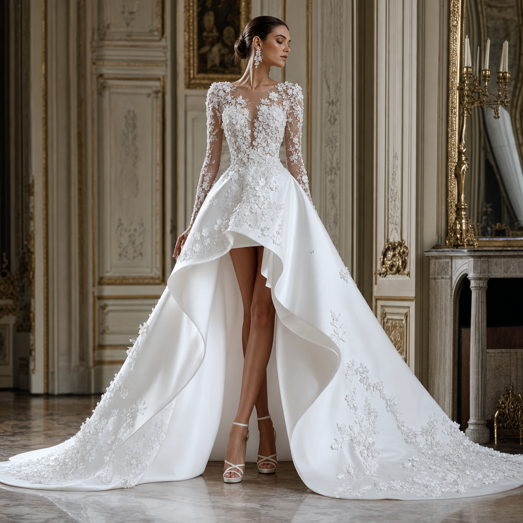 Long white dress with long sleeves and long train in back of dress. Dress shorter in front with little white lace flowers all over the tight top of dress
Haute Couture fashion design: **Silhouette:** Dramatic high-low gown with an expansive train.
**Fabric:** White silk adorned with delicate lace flowers on the fitted bodice.
**Fit:** Exquisitely tailored and form-flattering.
**Details:** Artful hand-applied embellishments; elegant long sleeves.
