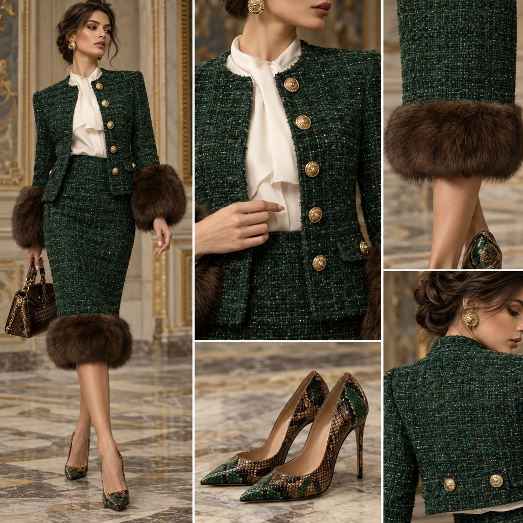 Emerald tweed jacket with thick brown fur at bottom of sleeves with gold round buttons on jacket. Emerald green tweed pencil skirt with thick brown fur at bottom of skirt. White blouse underneath tweed jacket. Brown high heel in snakeskin with brown and green snake.
Emerald tweed jacket with thick brown fur at bottom of sleeves with gold round buttons on jacket. Emerald green tweed pencil skirt with thick brown fur at bottom of skirt. White blouse underneath tweed jacket. Brown high heel in snakeskin with brown and green snake., haute couture style