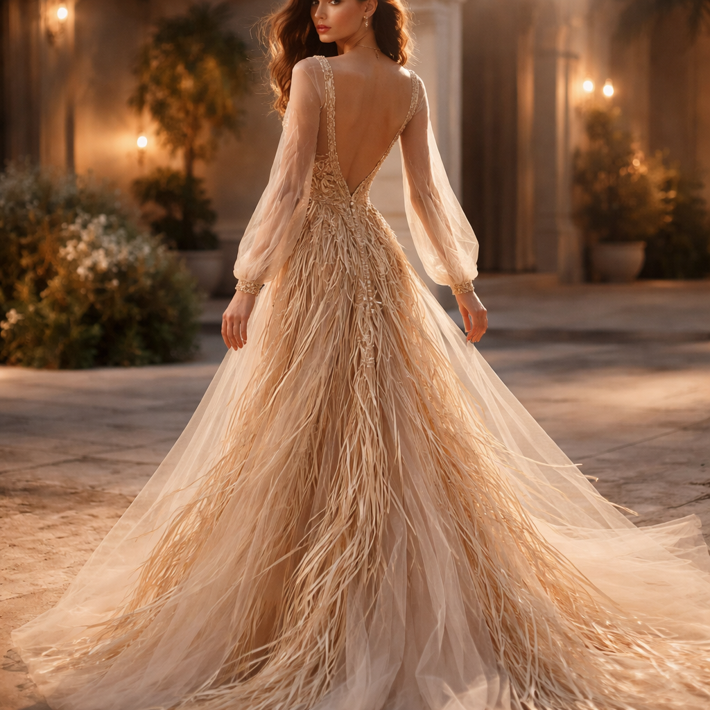 long sleeved, sheer, backless couture dress woven with raffia patterns from the D.R.C kuba tribe. Sexy and luxurious yet flowy and fun. Although sheer the dress still leaves everything to the imagination.
Long-sleeved, sheer, backless couture dress. Raffia woven patterns. A-line silhouette, empire cut. Sexy, luxurious, flowy.