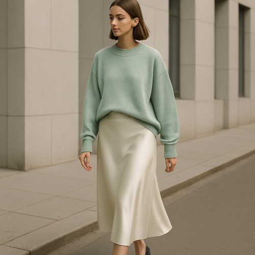 Street style full-body fashion photo of a female model walking in a modern urban setting. She wears a silky ecru satin midi skirt with a soft mint green oversized sweater tucked in lightly at the waist. The outfit is styled as a total look, chic and trendy, perfect for social media aesthetic. Show the entire figure from head to toe without cropping. Emphasize the harmony of pastel mint with ecru satin, soft daylight, dreamy tones, high-quality photography.