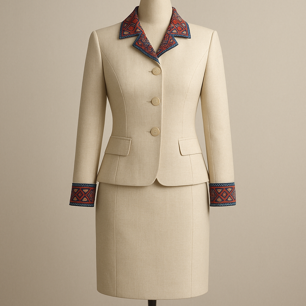 Teacher Internship Uniform With Philippine indigenous accent


Formal fashion design: Formal teacher intern uniform, tailored, with structured fit. Cream cotton fabric, long sleeves. A subtle geometric pattern in red and blue silk accents the cuffs and collar, inspired by Philippine indigenous design.