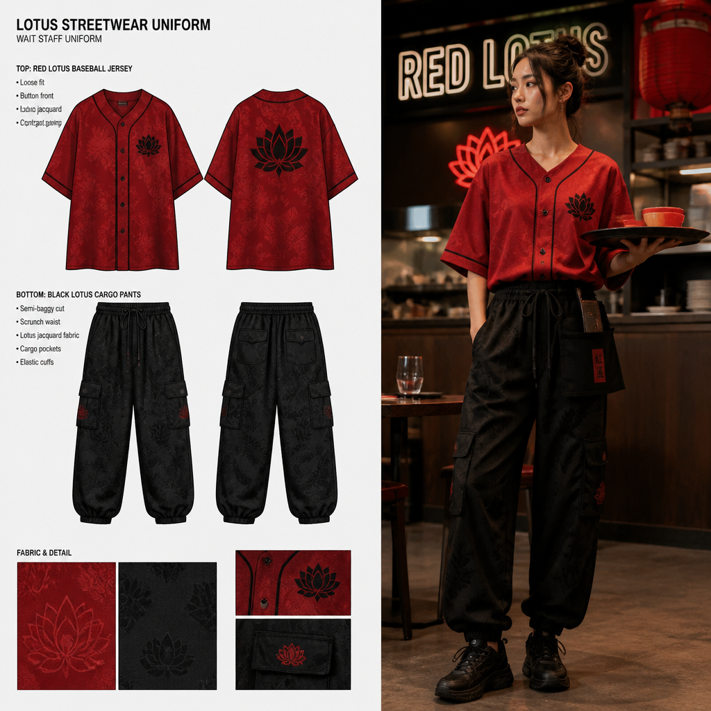 Womens streetwear wait staff uniform made of red baseball jersey like shirt and black scrunch waist semi baggy cargo pants all made of lotus fabric
Women's streetwear wait staff uniform: red lotus fabric baseball jersey shirt, loose fit; black lotus fabric cargo pants, semi-baggy cut, scrunch waist.