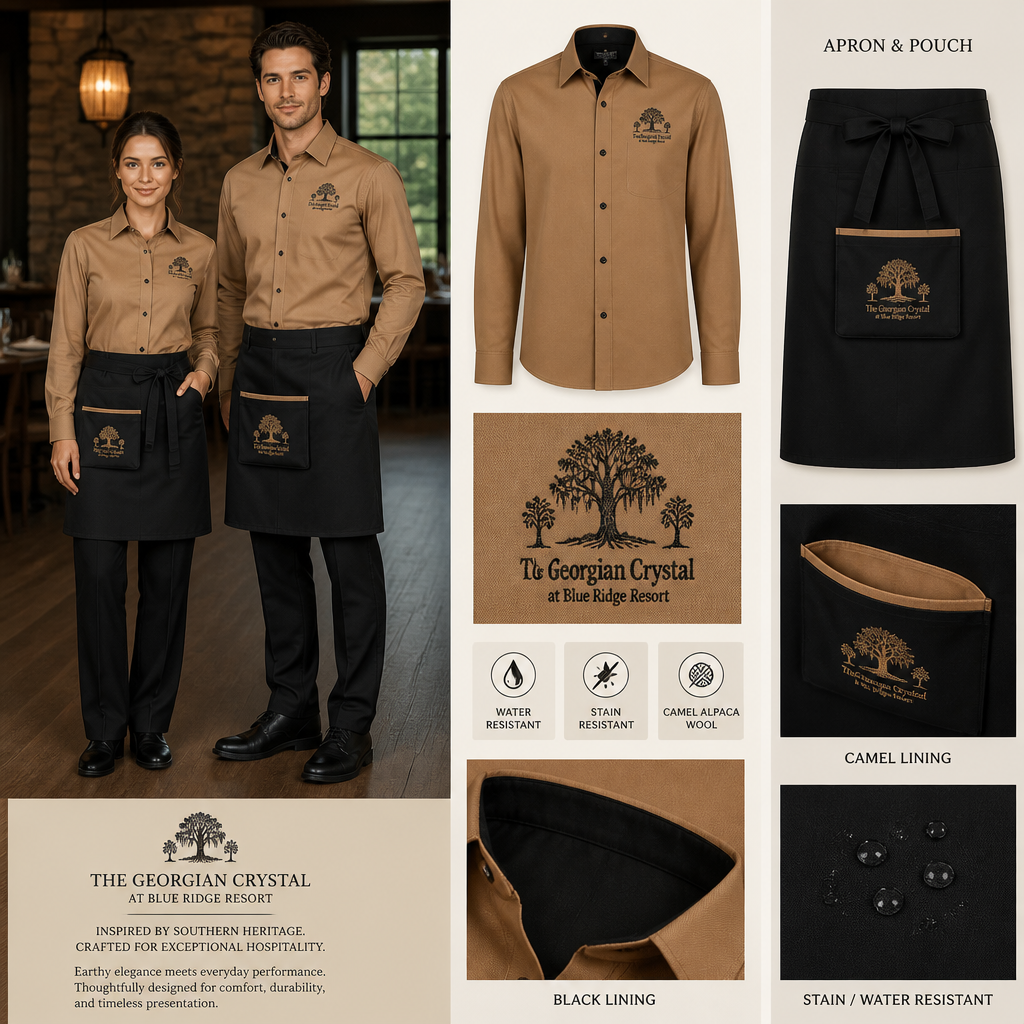 Create a uniform for wait staff that is camel colored, tailored, relaxed fit, made of alpaca wool, stain-resistant, and water-resistant. Include pants and apron. Button-down shirt should be camel colored with black lining with black embroidered letters that state The Georgian Crystal at Blue Ridge Resort and include a Southern Live Oak Tree with Spanish Moss and Peach Trees with fallen peaches; pants should be black, and the apron and pouch should be black. The black apron and pouch should have camel lining.
Create a uniform for wait staff including pants, apron, and button-down shirt.
Shirt: camel alpaca wool, tailored, relaxed fit, stain/water-resistant. Black lining, black embroidered logo (The Georgian Crystal at Blue Ridge Resort, Southern Live Oak Tree with Spanish Moss, Peach Trees with fallen peaches).
Pants: black.
Apron & Pouch: black, camel lining, stain/water-resistant.