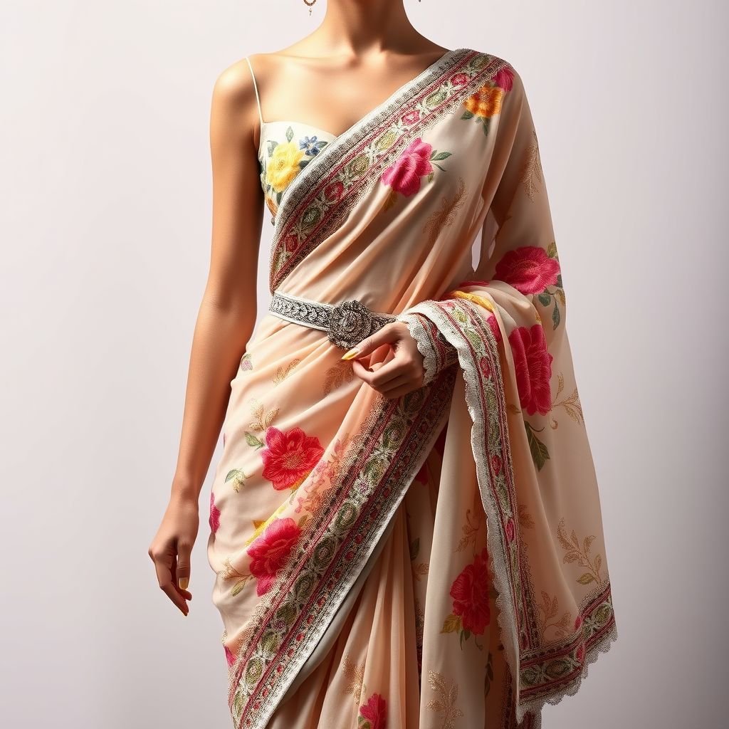 a saree with ,more revealing skin ,full body .floral design
A captivating saree drapes elegantly, showcasing intricate floral designs in vibrant hues. Sheer fabric enhances allure, revealing glimpses of skin beneath intricate lace borders. The pallu cascades artfully, adorned with delicate embroidery. Deep neckline accentuates femininity, while a statement belt cinches the waist, adding modern flair to this traditional ensemble.