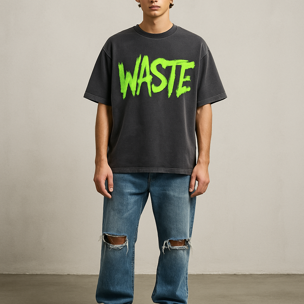 Give me streetwear designs for my clothing company along the lines of holister streetwear

Streetwear fashion design: **Prompt:** Boxy cotton tee, faded black, oversized fit. Graphic print: bold, messy lettering in neon green. Worn denim jeans, relaxed fit, ripped knees. Chunky sneakers.