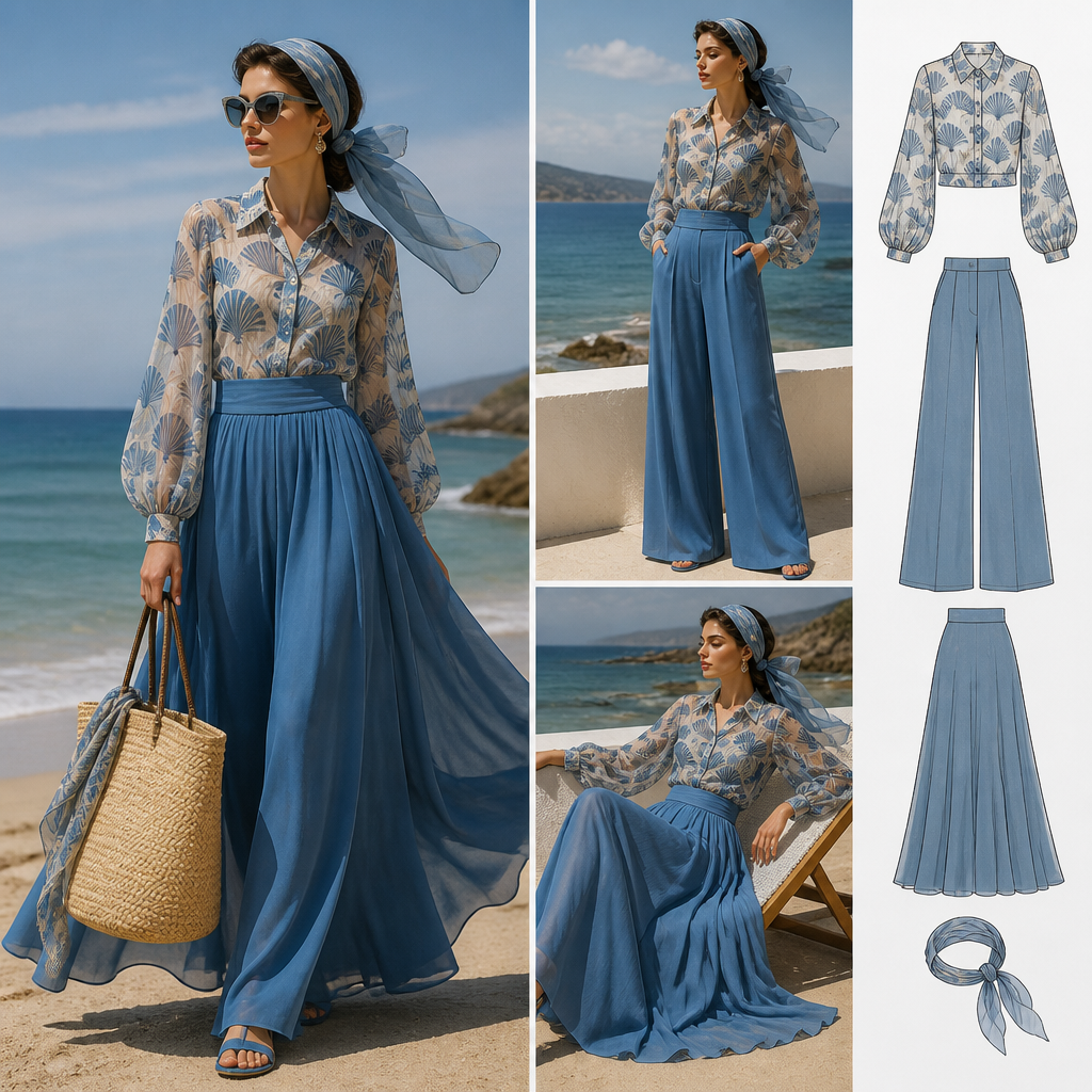 create summer outfit beach wear plain blue make it long sleves fan design skirt and pantschiffon flawless old money look taken from 50th but by meeting 2026 mode make it catchy with matchy head band scarf of same style
Summer beach outfit: Chiffon long-sleeve blouse with fan design, wide-leg pants, and flowing maxi skirt in plain blue. Match with a chiffon headband scarf. 1950s inspired silhouette with a modern cut.