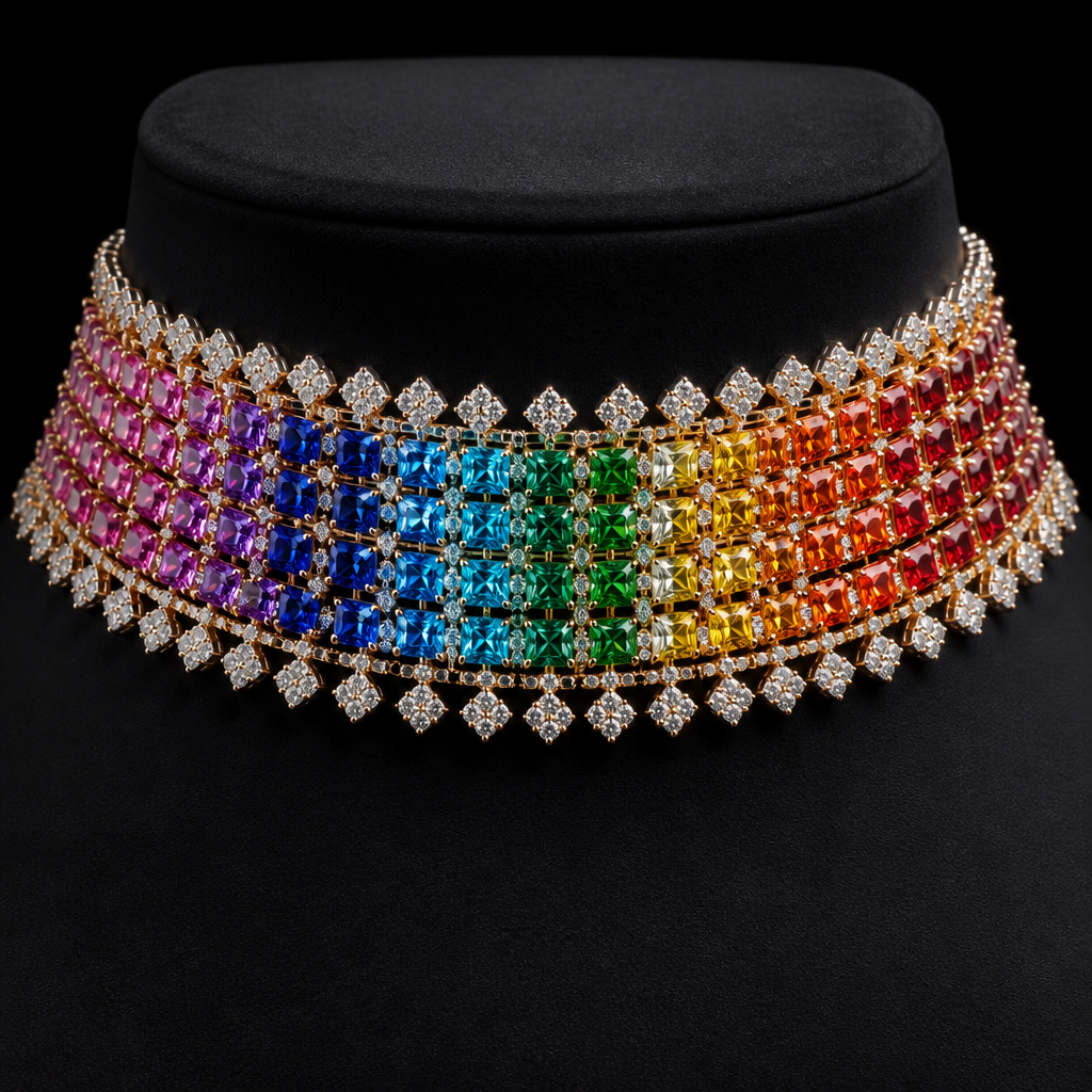 Diamond rainbow necklace choker with rainbow diamonds.
Diamond rainbow necklace choker with rainbow diamonds.
**Details:**
* **Fabric:** Metal, gemstones
* **Cut:** Choker style, multi-strand
* **Silhouette:** Close-fitting, elegant
* **Pattern:** Rainbow diamond mosaic
* **Occasion:** Formal events, glamorous evening wear