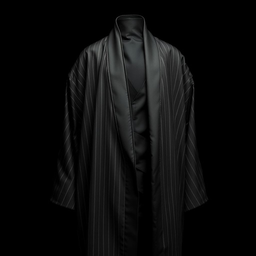 Design a men's kimono with a futuristic aesthetic, blending minimalist. Line vertical. Pinstripe. Shaman futuristic. Black 