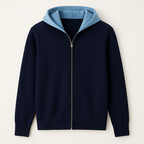 let's create a women's fine guage 14 cut interlock with 3/4" rib start hem,  zip front hood cardigan. The inside of the hood and inside of the garment is a contrast  color. Garment is navy and contrast color is ice blue