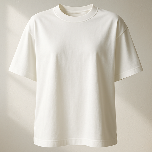 A premium women’s basic  white colour  crew neck t-shirt, oversized fit, made of first-class high-quality cotton fabric with a soft luxurious texture, short sleeves, minimal and elegant design. Ghost mannequin hollow man style photography, the t-shirt looks 3D as if worn by an invisible model, perfectly shaped and realistic fit. Photographed in natural daylight, clean background, ultra-detailed premium cotton fabric texture, hyperrealistic stitches, 3D/4D depth of field close-up,  fashion e-commerce product photography aesthetic.
