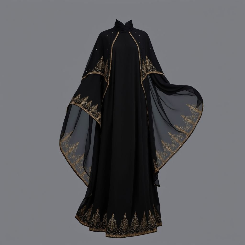 Black Arab Women's Abaya Design

Luxurious black abaya, flowing silhouette, intricate gold embroidery along the sleeves and hem. Delicate, sheer cape draping softly from shoulders, adorned with shimmering sequins. High collar, elegant and refined, with subtle geometric patterns. Lightweight, breathable fabric, creating an ethereal movement. Perfect for formal occasions, exuding grace and sophistication with a modern touch.