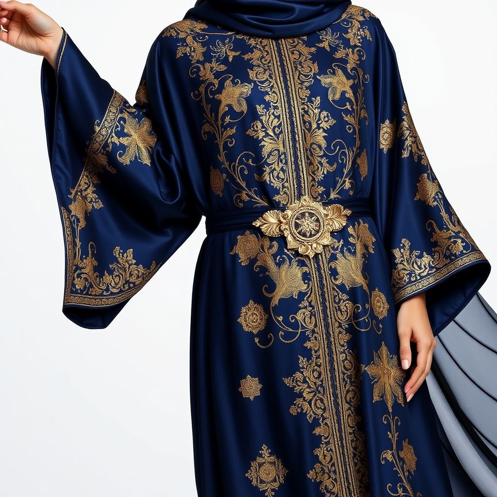 Arab women's abaya design
Elegantly flowing, a midnight blue abaya adorned with intricate gold embroidery depicting celestial motifs. Soft, luxurious silk fabric drapes gracefully, whispering sophistication. Wide sleeves cascade gently, framing delicate gold-dusted cuffs. A high collar adds refinement, while an embellished belt cinches the waist, enhancing allure. Traditional elegance meets contemporary chic in this stunning ensemble.