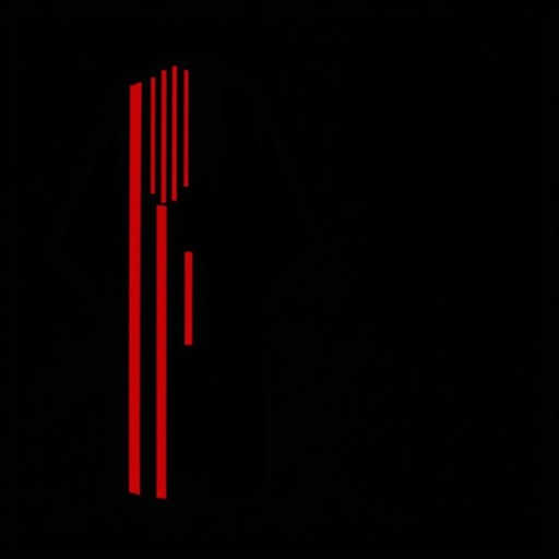 Design a men's kimono with a futuristic, minimalist aesthetic. On one side of the kimono, feature vertical lines in varying widths and lengths, randomly placed in red, creating a dynamic and fluid pattern. The other side should remain clean and simple, maintaining a sleek, modern silhouette. The base color should be black, with the red lines adding contrast and energy to one side. The overall design should combine a modern, shamanic feel, blending tradition with innovation, and evoke both spiritual and futuristic elements."