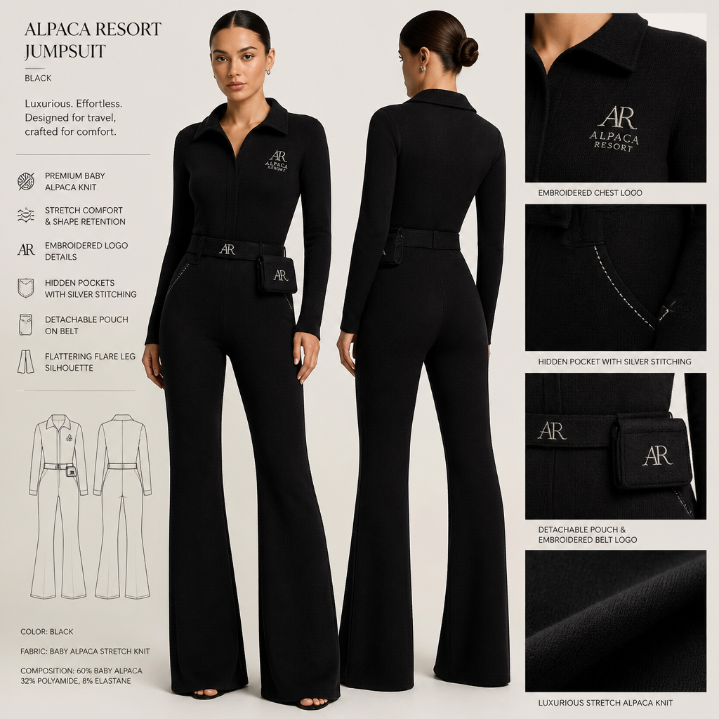 Black warm collared, belted, and stretchy long-sleeve timeless elegance professional flare leg jumpsuit made of alpaca wool with silver cursive font embroidered "Georgian Crystal at Blue Ridge Resort" logo pocket with silver stitching, then add hidden black pockets. Make sure non-sheen pockets have silver stitching. Include an attachable hidden black pouch to hold pens, a small pen pad, front office cordless phone, and front office keys. Large logo should include a silver-stitched only Southern Live Oak Tree with Spanish Moss and Peach Trees with fallen peaches, influenced by the Atlanta skyline on the front chest area only, and The entire front chest logo size should be the size of a circular plate, including the resort name within the circular plate only. Create a design for women in the front office only. Show this design on a plus-size model. Remove embroidery from everywhere EXCEPT chest area, pocket, and belt
Black alpaca wool jumpsuit. Collared, belted, flare leg. Stretchy knit fabric. Embroidered resort logo on chest, pocket, and belt. Hidden pockets with silver stitching. Attachabe pouch.