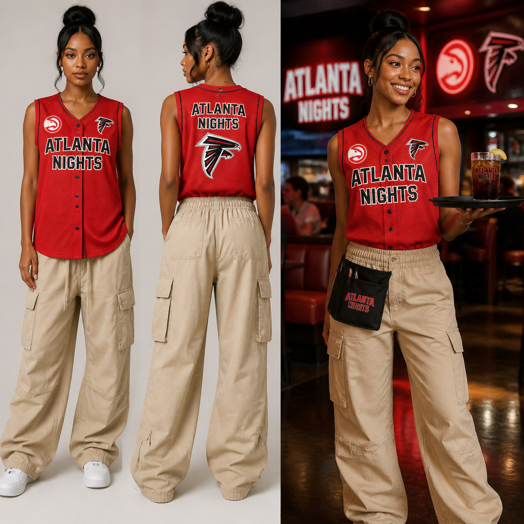 womens wait staff uniform with red sleeveless baseball jersey with company name ATLANTA NIGHTS with atlanta hawks and atlanta Falcons patches with beige baggy scrunch waist cargo pants.
Women's wait staff uniform: Red, sleeveless baseball jersey, relaxed fit, mesh fabric, with company name "ATLANTA NIGHTS", Atlanta Hawks and Atlanta Falcons patches. Paired with beige, baggy cargo pants, relaxed fit, cotton twill, with scrunched elastic waist.