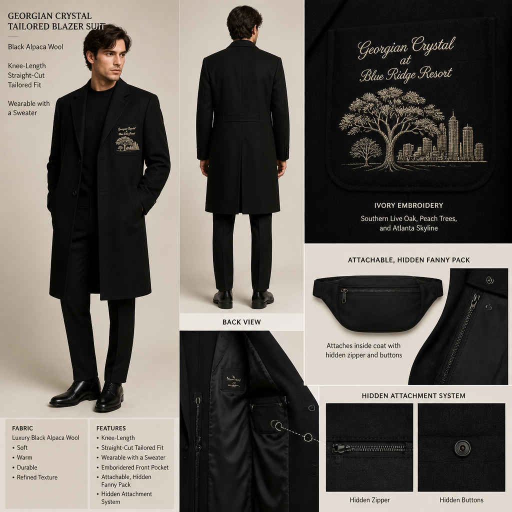 All Black warm long-sleeve alpaca wool straight-cut tailored-fit blazer suit with black pockets. Make sure pockets have black stitching. Include an attachable, hidden black sleek fanny pack to hold pens, a small pen pad, front office cordless phone, and front office keys. The front pocket logo should have the business name "Georgian Crystal at Blue Ridge Resort" embroidered with Ivory stitching only in cursive font. Include an ivory-embroidered Southern Live Oak Tree with Spanish Moss and Peach Trees with fallen peaches influenced by the Atlanta skyline within front pocket logo. Please create a design for men only. Logo should be located on the front of the blazer only. Blazer should be knee length. instead of button up, include sweater underneath if front office agent needs to take off blazer.
Men's knee-length, straight-cut, tailored blazer suit in black alpaca wool. Black pockets with black stitching. Features an attachable, hidden black fanny pack. Front pocket embroidered with "Georgian Crystal at Blue Ridge Resort" in ivory cursive, along with an ivory embroidered Southern Live Oak, Peach Trees, and Atlanta skyline. Wearable with a sweater.
