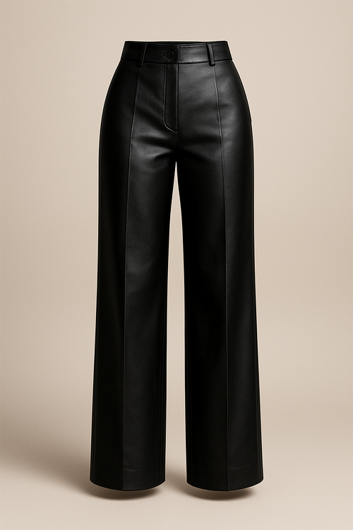 Ultra-realistic ghost mannequin product photo of a women’s wide-leg high-waist leather pants, in matte black color. The pants appear perfectly filled and shaped as if worn, but without a visible model — floating in the air. Soft studio lighting, clean beige background, minimal shadows under the hem. Focus on the realistic texture of premium matte leather, smooth surface, and natural folds around the knee area. 3D volumetric effect, high detail, luxury fashion editorial lighting.
