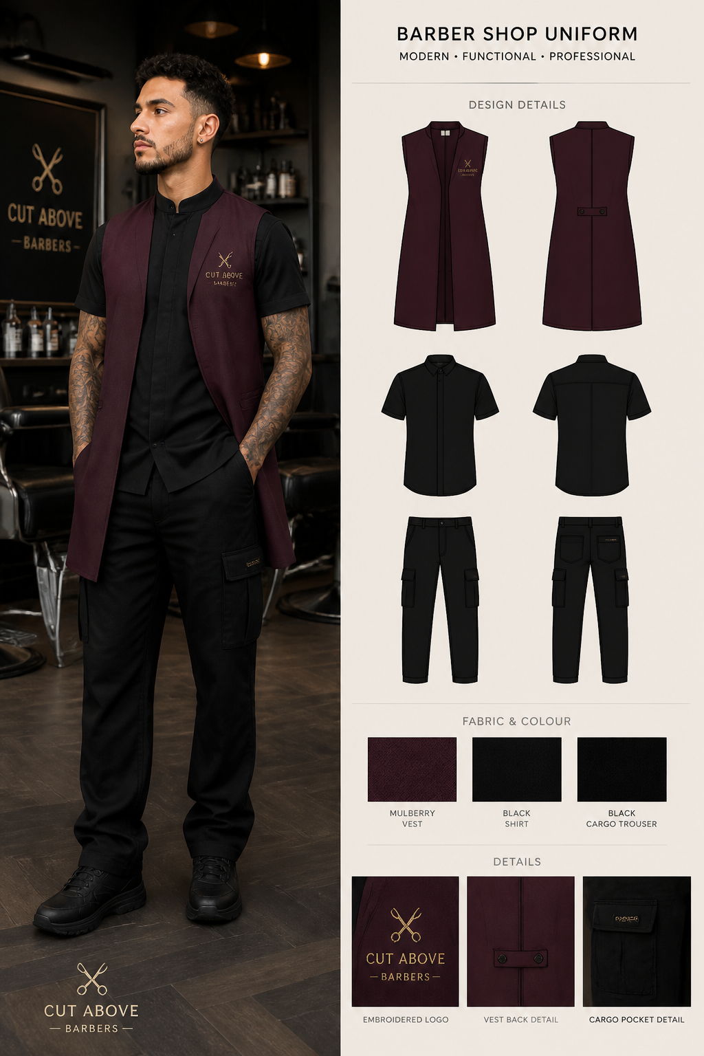 barber shop uniform with open mulberry longline vest and black cargo trousers
barber shop uniform with open mulberry longline vest and black cargo trousers