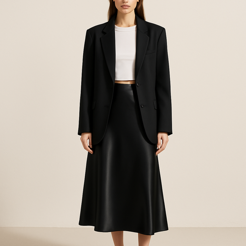 Full-body fashion photo of a realistic natural female model. She wears a silky jet black satin midi skirt (no pockets, no seams, no extra details), a fitted white slim crop t-shirt, and a tailored oversized black blazer. The satin skirt should appear smooth, fluid, and shiny like real luxury fabric. The model’s look is styled as a total look outfit, elegant and minimal. Show the complete figure head to toe, do not crop. Natural makeup, simple hairstyle, authentic posing. Neutral clean background, bright daylight, high-quality fashion photography, realistic textures.