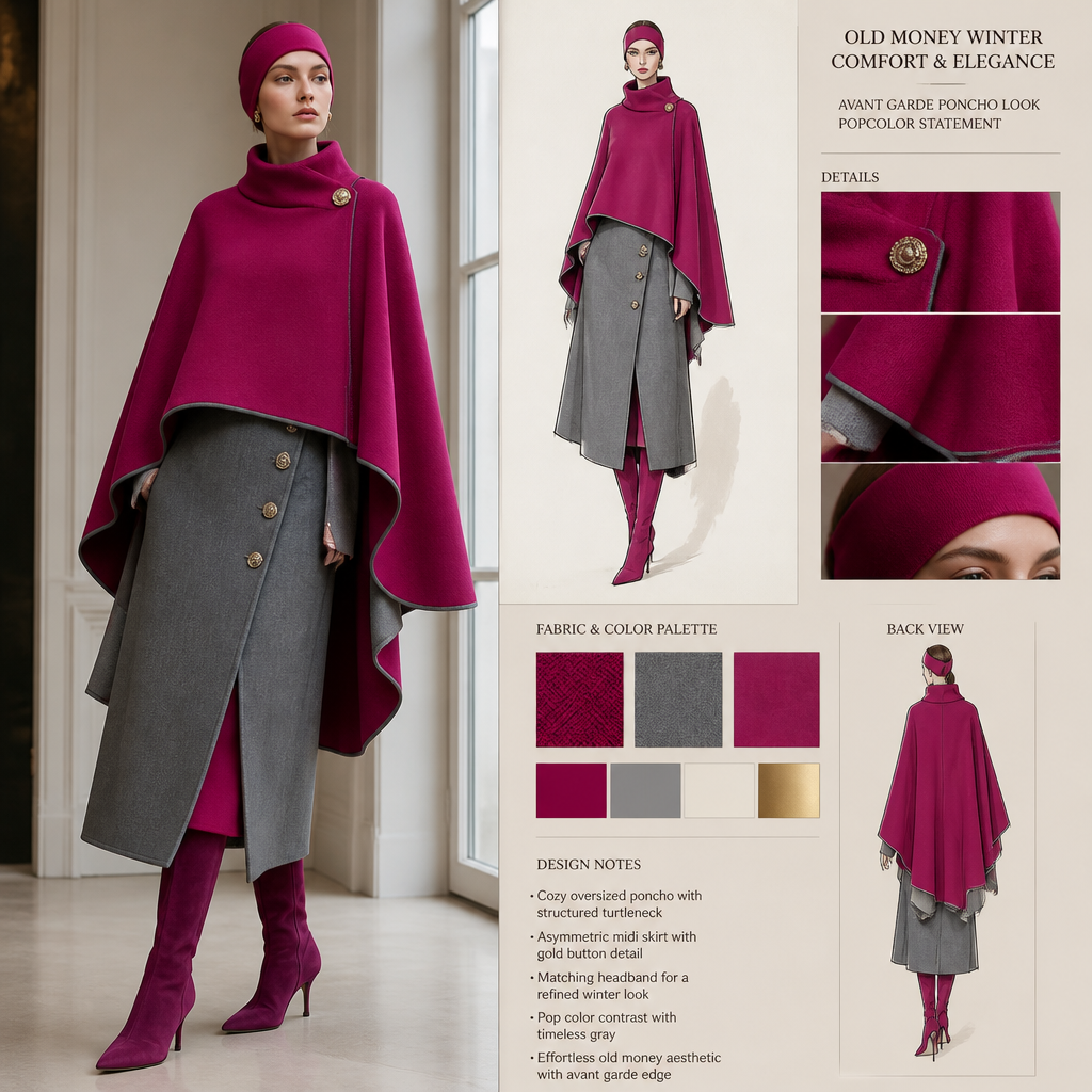 create winter out fit old money look and comfy poncho with matching head band catchy pop color outfit miidi skirt
create winter out fit old money look and comfy poncho with matching head band catchy pop color outfit miidi skirt , avant garde style