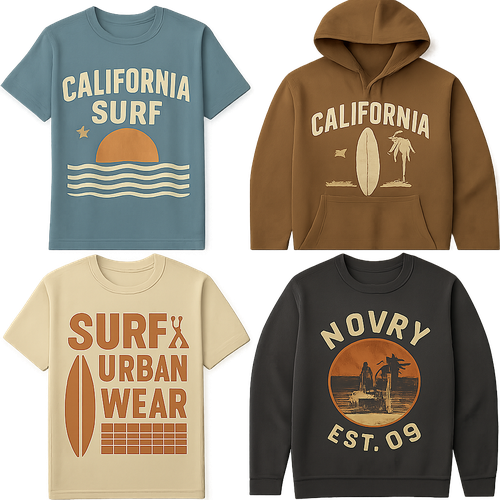 Create a variety of streetwear-style t-shirt and hoodie graphics and logos, featuring bold, trendy designs inspired by California surf vibes and urban lifestyle. Include abstract patterns, oversized typography, retro logos, subtle animal motifs like seagulls, waves, sunsets, skaters, or cars. Designs should be youthful, casual, and edgy, suitable for screen printing on apparel. Use muted pastels, washed denim blues, and earth tones, with clean lines and modern style. Vector-ready, high-detail, wearable streetwear aesthetic logos, including novry est.09