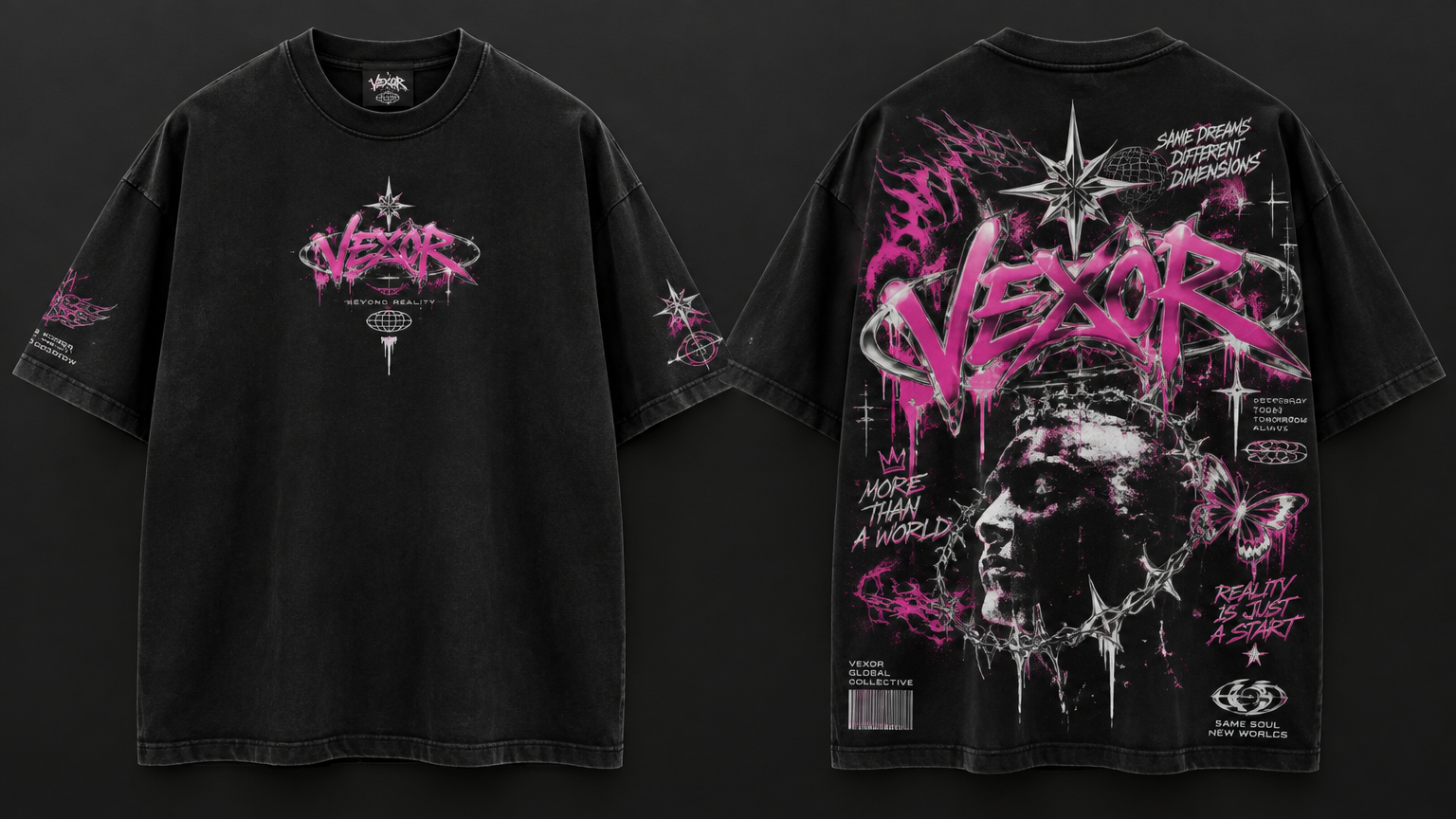 Create an original premium Y2K streetwear T-shirt for a fictional fashion brand.
OVERALL STYLE:
* Black oversized heavyweight T-shirt
* Premium urban streetwear
* Strong early-2000s Y2K aesthetic
* Graffiti-inspired artwork
* Futuristic cyber elements mixed with underground graffiti culture
* Bold, rebellious and stylish
* The main secondary color must be HOT PINK / NEON PINK
* Additional accent colors can include chrome silver, white, light pink, purple and very small touches of electric blue
* Keep black as the dominant color
FRONT DESIGN:
* Small but distinctive original brand logo on the upper chest
* Graffiti-style lettering
* Hot pink spray-paint effect
* Subtle chrome highlights around the logo
* Small stars, sparkles, arrows, abstract symbols and futuristic graffiti marks
* Slight paint splatter around some elements
* Modern and premium rather than childish
* The front should remain relatively clean
BACK DESIGN:
* Large statement graffiti artwork covering most of the back
* Main brand name in oversized custom graffiti lettering
* Hot pink spray paint and neon pink details
* Layered graffiti tags and abstract shapes
* Chrome silver highlights
* White highlights
* Small purple accents
* Futuristic Y2K symbols, stars, flames, arrows and abstract cyber graphics
* Dynamic composition that feels hand-painted
* Spray paint texture and realistic ink texture
* Some elements can look slightly distressed or vintage
* Make the artwork look like authentic street graffiti adapted into high-end fashion
GARMENT DETAILS:
* Oversized boxy silhouette
* Heavyweight cotton
* Thick ribbed collar
* Dropped shoulders
* Slightly wide sleeves
* Premium stitching
* High-quality fabric texture
* Realistic print placement
* Realistic screen-print / DTF texture
BRAND IDENTITY:
* Original fictional brand
* Create a unique logo and wordmark
* Do not use Nike, Adidas, Supreme or any existing brand
* The logo should feel recognizable and suitable for a future clothing brand
* The visual identity should combine graffiti, Y2K, cyber culture and luxury streetwear
PRESENTATION:
* Show the exact same T-shirt from FRONT and BACK
* Full garment visible
* Realistic fashion product presentation
* Professional clothing design presentation
* Neutral dark background
* No model required
* Do not create a hoodie, jacket or long-sleeve shirt
* Do not add random existing brand logos
DESIGN GOAL:
The final result should look like a real premium streetwear brand's first Y2K graffiti collection: black clothing with striking neon pink graffiti graphics, chrome details and a futuristic early-2000s attitude.
Create an original premium Y2K streetwear T-shirt for a fictional fashion brand.
OVERALL STYLE:
* Black oversized heavyweight T-shirt
* Premium urban streetwear
* Strong early-2000s Y2K aesthetic
* Graffiti-inspired artwork
* Futuristic cyber elements mixed with underground graffiti culture
* Bold, rebellious and stylish
* The main secondary color must be HOT PINK / NEON PINK
* Additional accent colors can include chrome silver, white, light pink, purple and very small touches of electric blue
* Keep black as the dominant color
FRONT DESIGN:
* Small but distinctive original brand logo on the upper chest
* Graffiti-style lettering
* Hot pink spray-paint effect
* Subtle chrome highlights around the logo
* Small stars, sparkles, arrows, abstract symbols and futuristic graffiti marks
* Slight paint splatter around some elements
* Modern and premium rather than childish
* The front should remain relatively clean
BACK DESIGN:
* Large statement graffiti artwork covering most of the back
* Main brand name in oversized custom graffiti lettering
* Hot pink spray paint and neon pink details
* Layered graffiti tags and abstract shapes
* Chrome silver highlights
* White highlights
* Small purple accents
* Futuristic Y2K symbols, stars, flames, arrows and abstract cyber graphics
* Dynamic composition that feels hand-painted
* Spray paint texture and realistic ink texture
* Some elements can look slightly distressed or vintage
* Make the artwork look like authentic street graffiti adapted into high-end fashion
GARMENT DETAILS:
* Oversized boxy silhouette
* Heavyweight cotton
* Thick ribbed collar
* Dropped shoulders
* Slightly wide sleeves
* Premium stitching
* High-quality fabric texture
* Realistic print placement
* Realistic screen-print / DTF texture
BRAND IDENTITY:
* Original fictional brand
* Create a unique logo and wordmark
* Do not use Nike, Adidas, Supreme or any existing brand
* The logo should feel recognizable and suitable for a future clothing brand
* The visual identity should combine graffiti, Y2K, cyber culture and luxury streetwear
PRESENTATION:
* Show the exact same T-shirt from FRONT and BACK
* Full garment visible
* Realistic fashion product presentation
* Professional clothing design presentation
* Neutral dark background
* No model required
* Do not create a hoodie, jacket or long-sleeve shirt
* Do not add random existing brand logos
DESIGN GOAL:
The final result should look like a real premium streetwear brand's first Y2K graffiti collection: black clothing with striking neon pink graffiti graphics, chrome details and a futuristic early-2000s attitude.
, y2k style