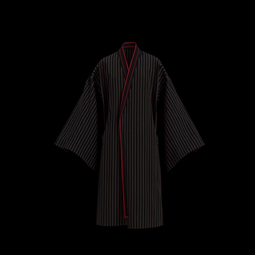 Design a men's kimono with a futuristic aesthetic, blending minimalist. Line vertical and a few line red . Pinstripe. Shaman futuristic. Black 