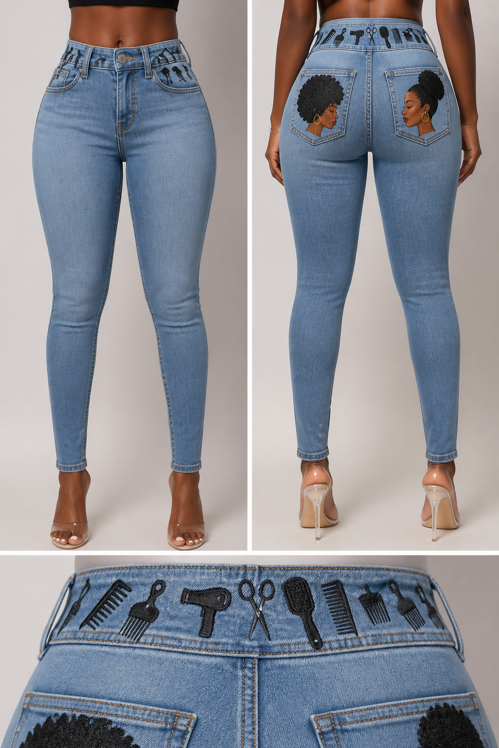 Skinny jeans with black women afro embroidered on each jean pocket. Add embroidered black womens hair tools on jean waist area all around
Skinny jeans with black women afro embroidered on each jean pocket. Add embroidered black womens hair tools on jean waist area all around