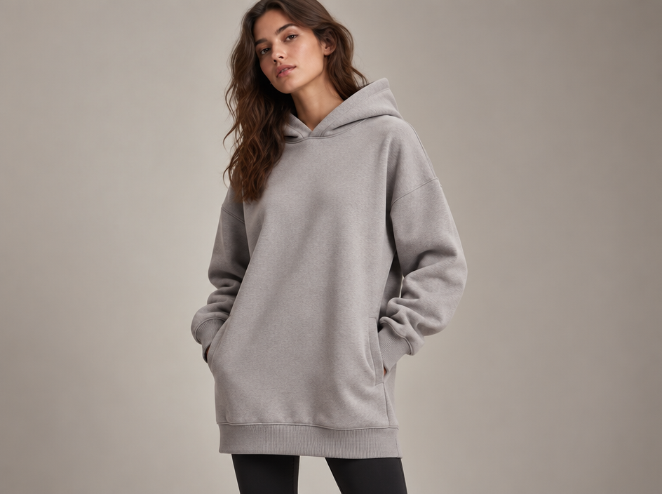 Sketch to design: Long Line, Dropped shoulder Hoodie
Turn this fashion sketch into a photorealistic photograph of the finished garment worn by a model in a studio with soft editorial lighting. Stay faithful to the sketch's silhouette, proportions and details. No text, no annotations, just the finished garment photograph. Fabric, color and styling directions: Long Line, Dropped shoulder Hoodie.
