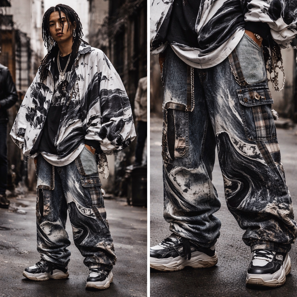 Colección basada en la insoportable levedad del ser, con representación de agua (leve y pesado) , con morfología de alta costura y rubro casual wear. Con tinte punk de los 80 cuadrille
Streetwear fashion design: Flowing, oversized cotton streetwear. Distressed denim with plaid punk accents. Water-inspired patterns in black and white. Loose, relaxed fit.