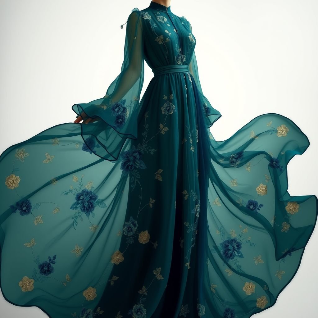 1.resimdeki elbisenin desenini 2. resimdekiyle değiştir

A flowing maxi dress, cascading in shades of deep emerald and sapphire. Intricate floral motifs intertwine with delicate gold accents, evoking a sense of elegance. Soft, sheer fabric creates an ethereal quality, while a high neckline contrasts with billowing bell sleeves. A cinched waist enhances the silhouette, exuding a timeless romantic charm.