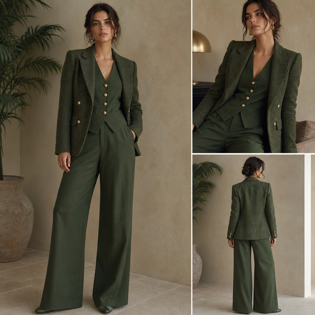 Jungle green pant suit with jungle green vest with gold buttons and jungle green jacket in tweed with gold buttons.
Ready To Wear fashion design: Jungle green cotton pant suit with a relaxed fit. The suit features a matching vest and jacket, both with gold buttons. The jacket is made from jungle green tweed.