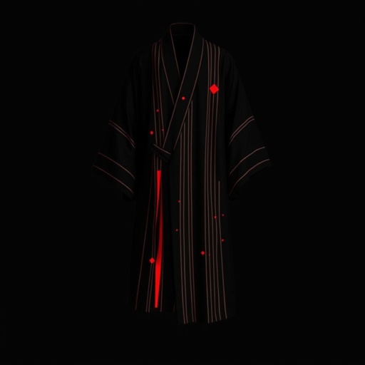
Design a men's kimono with a futuristic, minimalist aesthetic. The kimono should feature vertical lines in varying widths and lengths, randomly placed across the fabric in red, creating a dynamic and fluid pattern. The base color should be black, with the red lines adding an energetic, yet balanced contrast. The design should evoke a modern and shamanic feel, blending tradition with innovation. The overall silhouette should be sleek, clean, and sophisticated, combining spiritual and futuristic elements."
