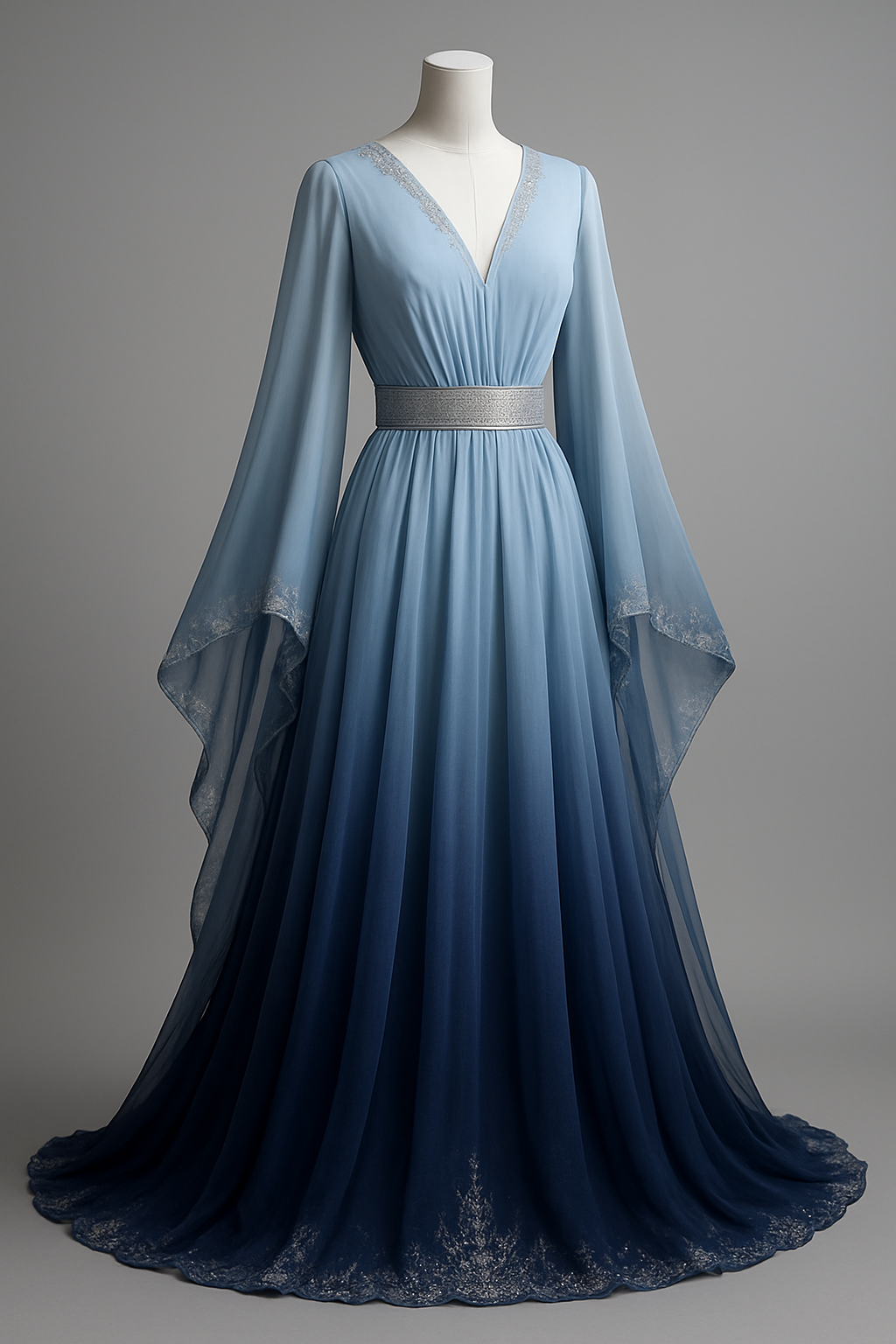 
*A flowing chiffon dress with a top-to-bottom gradient shifting from light blue into deep indigo. It features long, loose, open chiffon sleeves. The waist is accentuated with a wide silver belt decorated with subtle diamond-like sparkle.
The neckline is open in a soft rounded “V” shape with a small triangular cutout, and its edges are embroidered with silver or crystal-like detailing. The sleeve ends also feature a thin line of shiny silver embroidery.*


Haute Couture fashion design: A flowing, tailored chiffon dress, gradient light blue to deep indigo. Long, loose, open sleeves. A wide, structured silver belt with subtle sparkle accentuates the waist. The soft V-neckline with a triangular cutout and sleeve ends are hand-embroidered with fine, gleaming silver details.