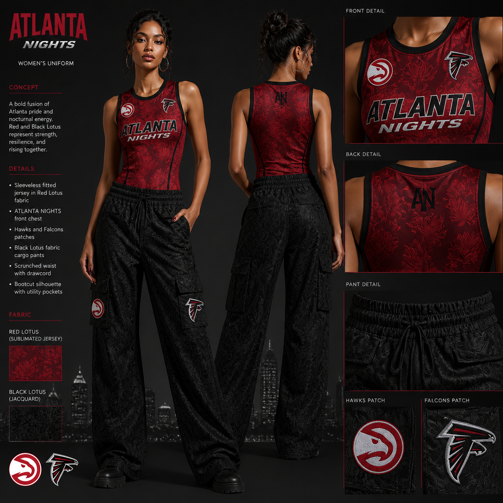 womens wait staff uniform with red sleeveless basketball fitted jersey with company name ATLANTA NIGHTS with atlanta hawks and atlanta Falcons patches with black baggy scrunch waist bootcut cargo pants all made of lotus fabric. Do not add lotus flower symbols.
Women's uniform: Red lotus fabric, sleeveless, fitted jersey with "ATLANTA NIGHTS," Hawks and Falcons patches. Black lotus fabric, baggy, scrunch waist, bootcut cargo pants.