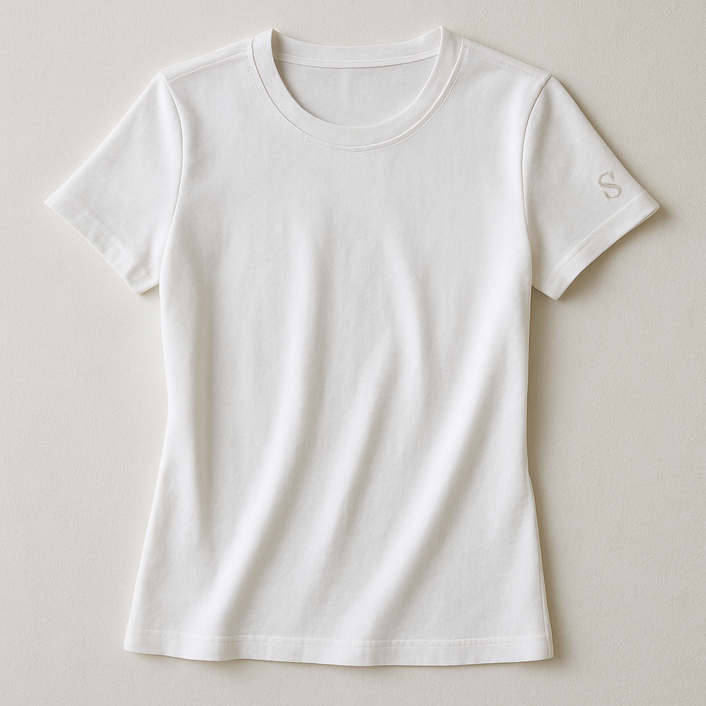 A premium women’s basic crew neck t-shirt, slim-relaxed fit, high-quality cotton fabric, short sleeves, minimal and elegant design. On the left sleeve near the cuff, a small embroidered monogram logo with only the letter “S”, elegant stitched embroidery with thread texture, luxury brand style. Photographed in natural daylight, clean background, ultra-detailed fabric texture, hyperrealistic cotton stitches, 3D depth of field close-up, fashion e-commerce product photography aesthetic.


Classic fashion design: A premium women's cotton crew neck t-shirt. Slim-relaxed fit, short sleeves. Elegant embroidered "S" monogram on the left sleeve. Classic, understated design. Photographed in natural light, clean background, showcasing fabric texture and stitches.