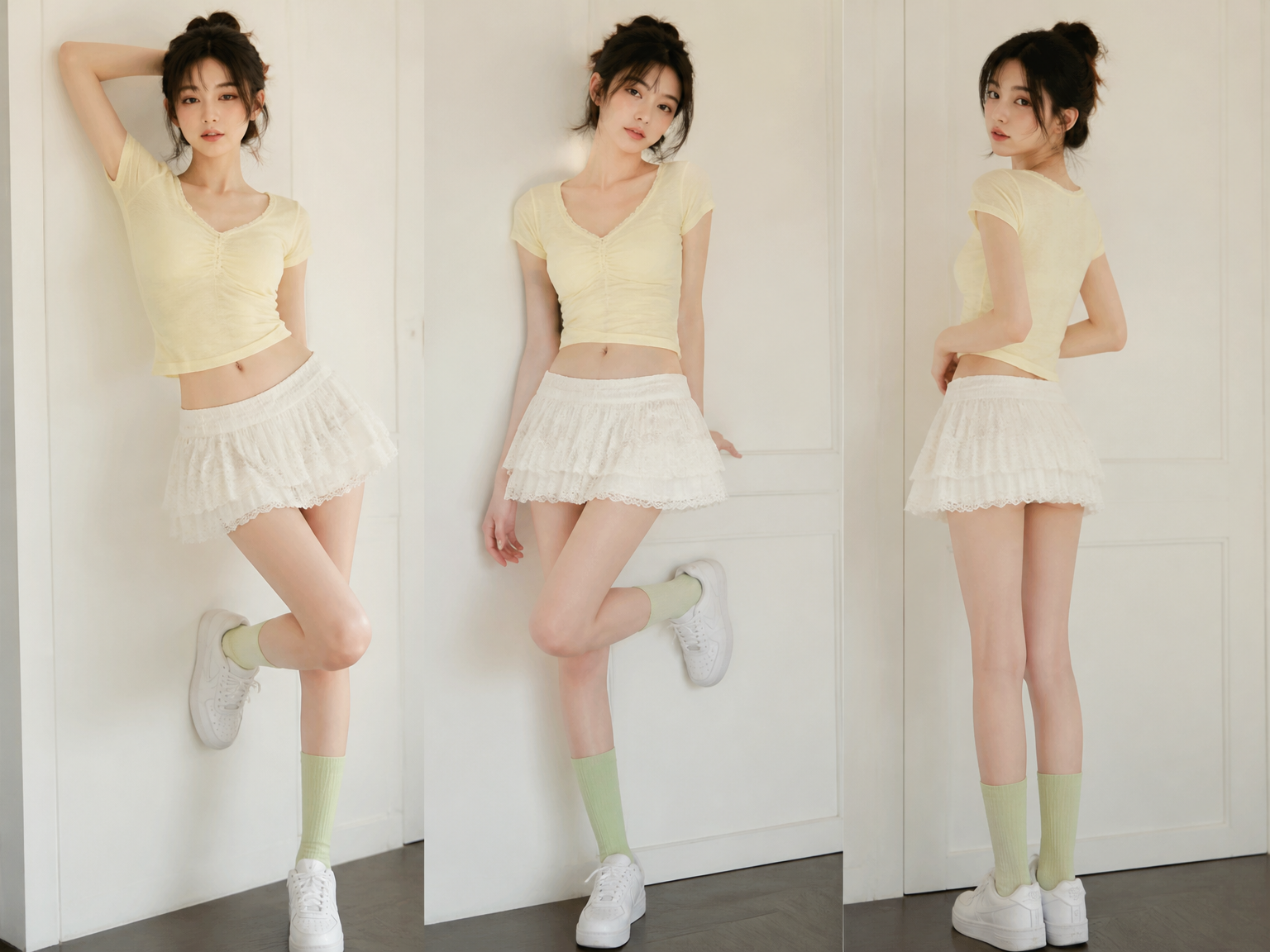Simple and pure sensual style, short-sleeved light yellow fabric, very thin and cool material, pure white lace pleated mini skirt, light green cotton mid-calf socks, pure white sneakers
Simple and pure sensual style, short-sleeved light yellow fabric, very thin and cool material, pure white lace pleated mini skirt, light green cotton mid-calf socks, pure white sneakers