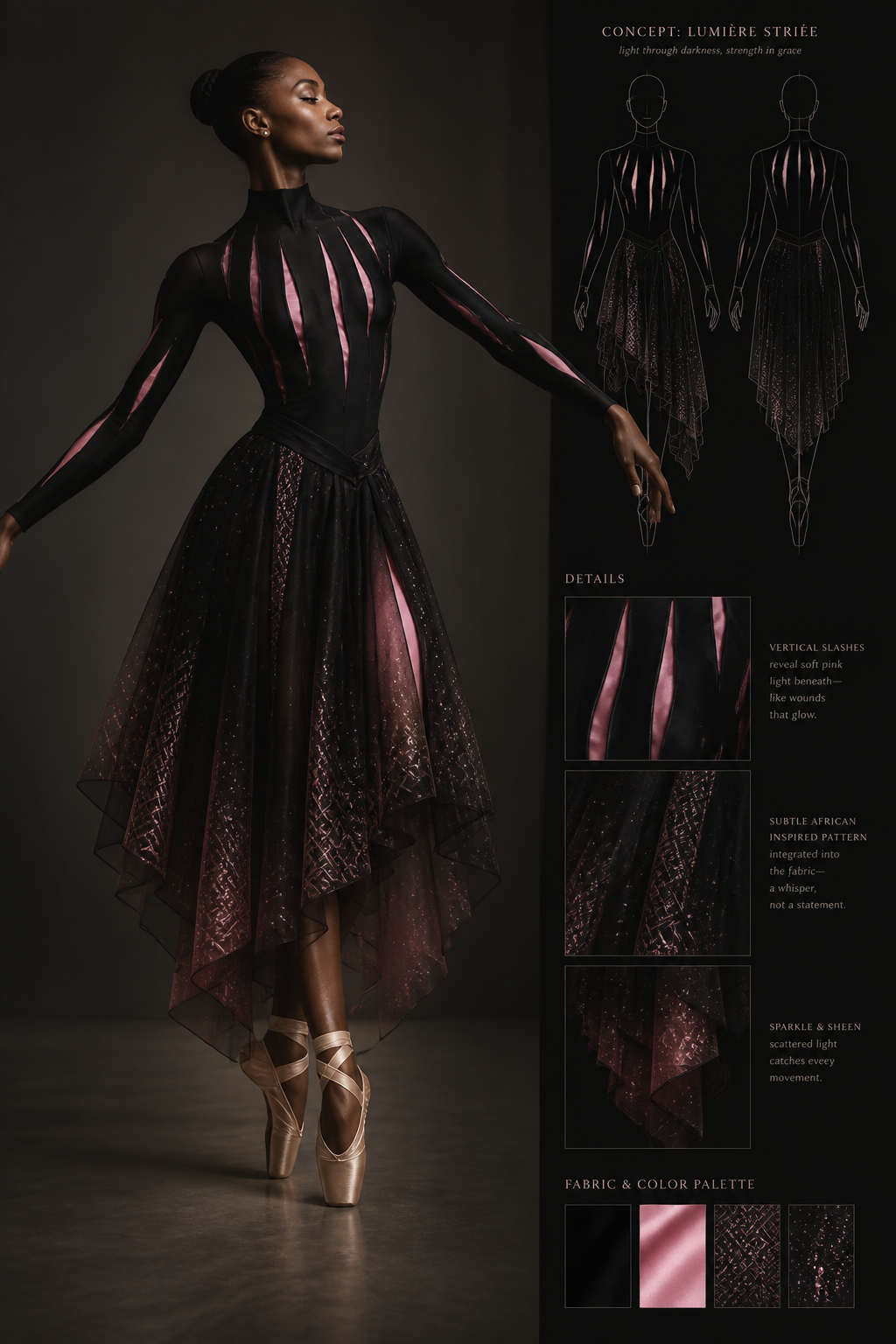 I want a ballet outfit. A long sleeve shirt to with a beautiful skirt to match but I want the skirt part to have like an African element or shine/ sparkle element. If you doing the African element I don’t want it too obvious and in your face, I want it subtle. For the top part I want it to be black the have vertical slashes as like you’ve been cut but in those slash spaces must show lights of pink
I want a ballet outfit. A long sleeve shirt to with a beautiful skirt to match but I want the skirt part to have like an African element or shine/ sparkle element. If you doing the African element I don’t want it too obvious and in your face, I want it subtle. For the top part I want it to be black the have vertical slashes as like you’ve been cut but in those slash spaces must show lights of pink , avant garde style