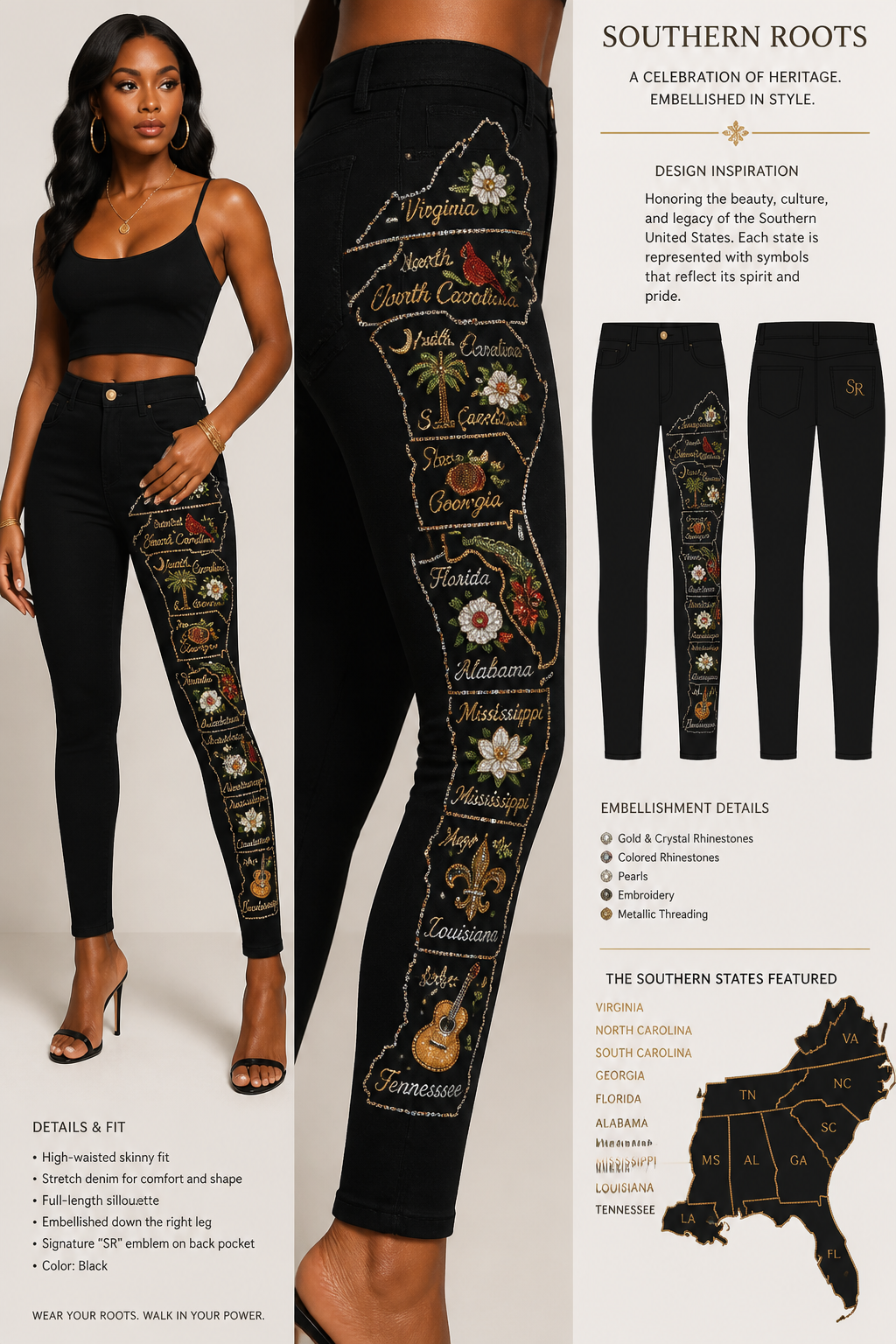 Black Women's skinny jean with embellishments of the group of southern states in the united states
Black Women's skinny jean with embellishments of the group of southern states in the united states