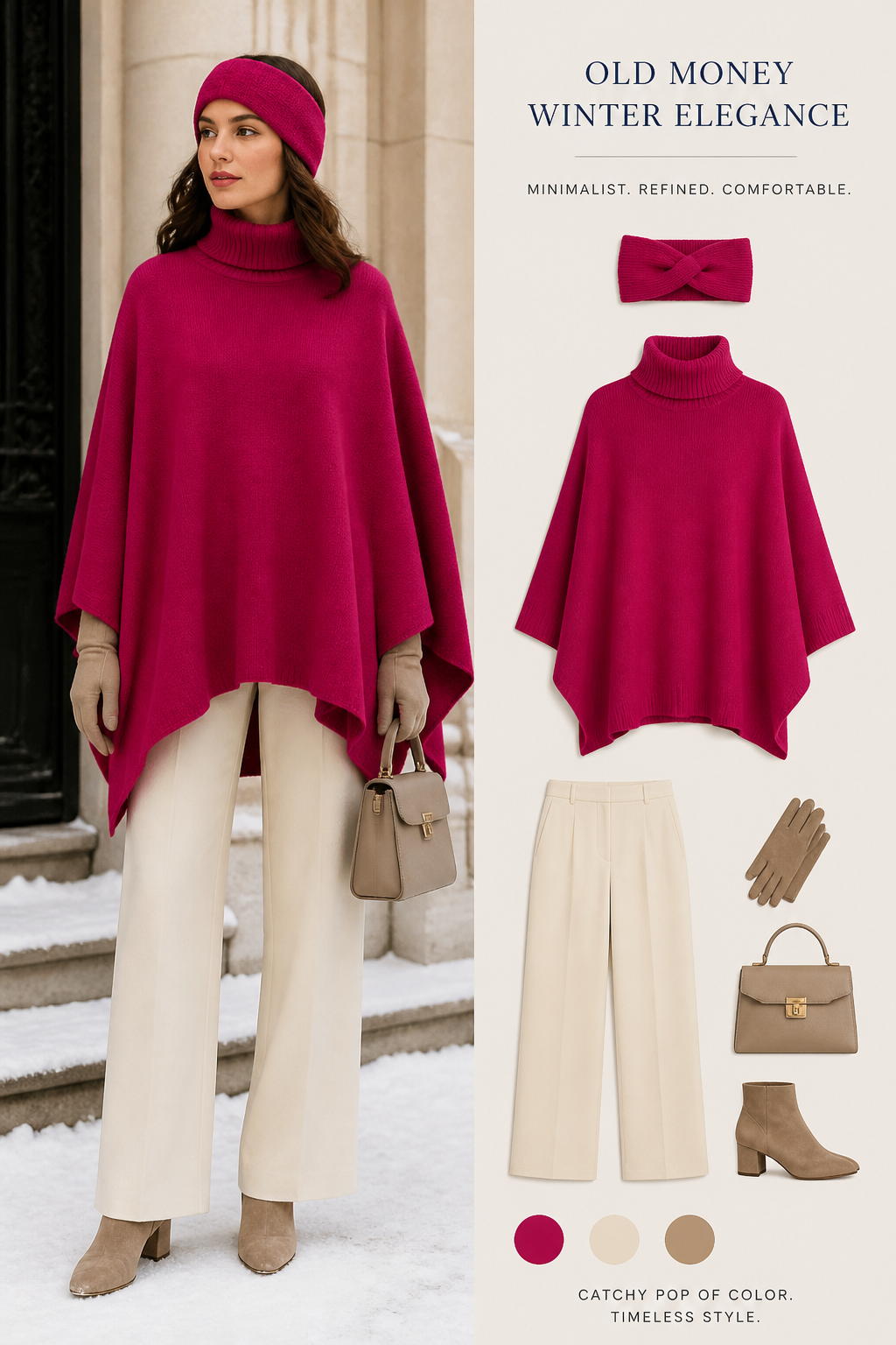 create winter out fit old money look and comfy poncho with matching head band catchy pop color outfit
create winter out fit old money look and comfy poncho with matching head band catchy pop color outfit , minimalist style