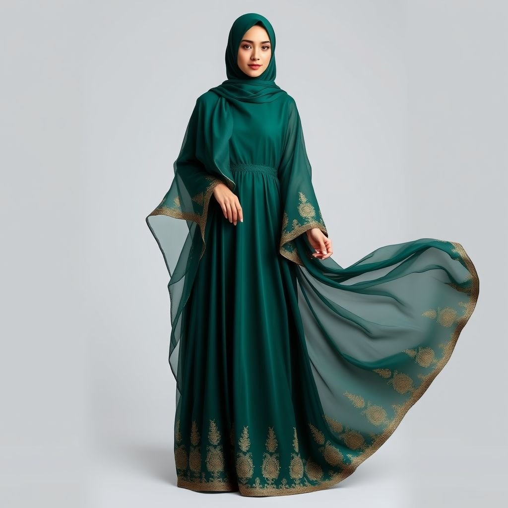 Arab women's abaya design


An elegant abaya, flowing gracefully to the ground with intricate gold embroidery along the hem and sleeves. Luxurious silk fabric in deep emerald green, adorned with delicate, translucent chiffon overlays. Wide sleeves flutter gently, revealing a subtle shimmer. A matching hijab, draped artfully, completes the sophisticated, regal ensemble.