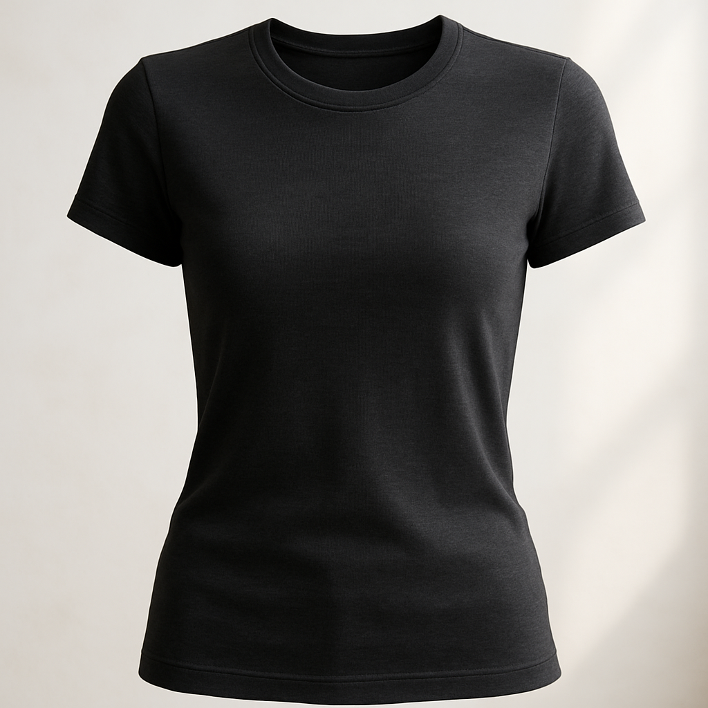 A premium women’s basic  black  colour  crew neck t-shirt,  slim fit, made of first-class high-quality cotton fabric with a soft luxurious texture, short sleeves, minimal and elegant design. Ghost mannequin hollow man style photography, the t-shirt looks 3D as if worn by an invisible model, perfectly shaped and realistic fit. Photographed in natural daylight, clean background, ultra-detailed premium cotton fabric texture, hyperrealistic stitches, 3D/4D depth of field close-up,  fashion e-commerce product photography aesthetic.


Classic fashion design: A premium women's black crew neck t-shirt. Slim fit, soft cotton, short sleeves. Classic, simple design. Ghost mannequin photography, natural light, clean background. Visible fabric texture, realistic stitches, close-up depth of field.