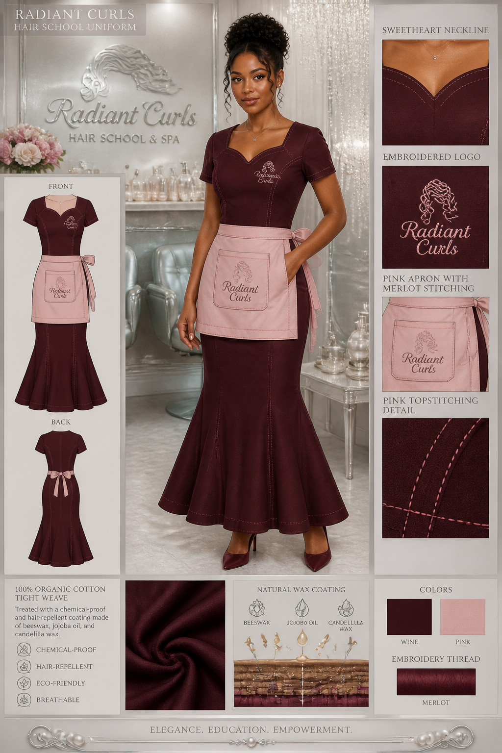 Women's wine ankle-length mermaid hair school uniform smock with extra pink stitching and sweetheart neckline. Include logo: Radiant Curls. Include a pink-colored apron with Merlot wine stitching. Spa decor should be silver and pearl. Uniform fabric should be 100% organic cotton tight weave treated with a chemical-proof and hair-repellent coating made of beeswax, jojoba oil, and candelilla wax.
Women's wine ankle-length mermaid hair school uniform smock with extra pink stitching and sweetheart neckline. Include logo: Radiant Curls. Include a pink-colored apron with Merlot wine stitching. Spa decor should be silver and pearl. Uniform fabric should be 100% organic cotton tight weave treated with a chemical-proof and hair-repellent coating made of beeswax, jojoba oil, and candelilla wax.