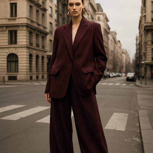 High fashion editorial full body shot of a female model walking in an urban city setting, wearing a dark bordeaux oversized blazer and palazzo pants set, fabric with single thin vertical white pinstripes, evenly spaced, straight and orderly (no double stripes), luxury wool texture. Blazer with a single button (no extra buttons), no chest pocket, only two flap pockets at the bottom. Oversized fit, elegant styling, cinematic fashion photography, luxury magazine aesthetic.